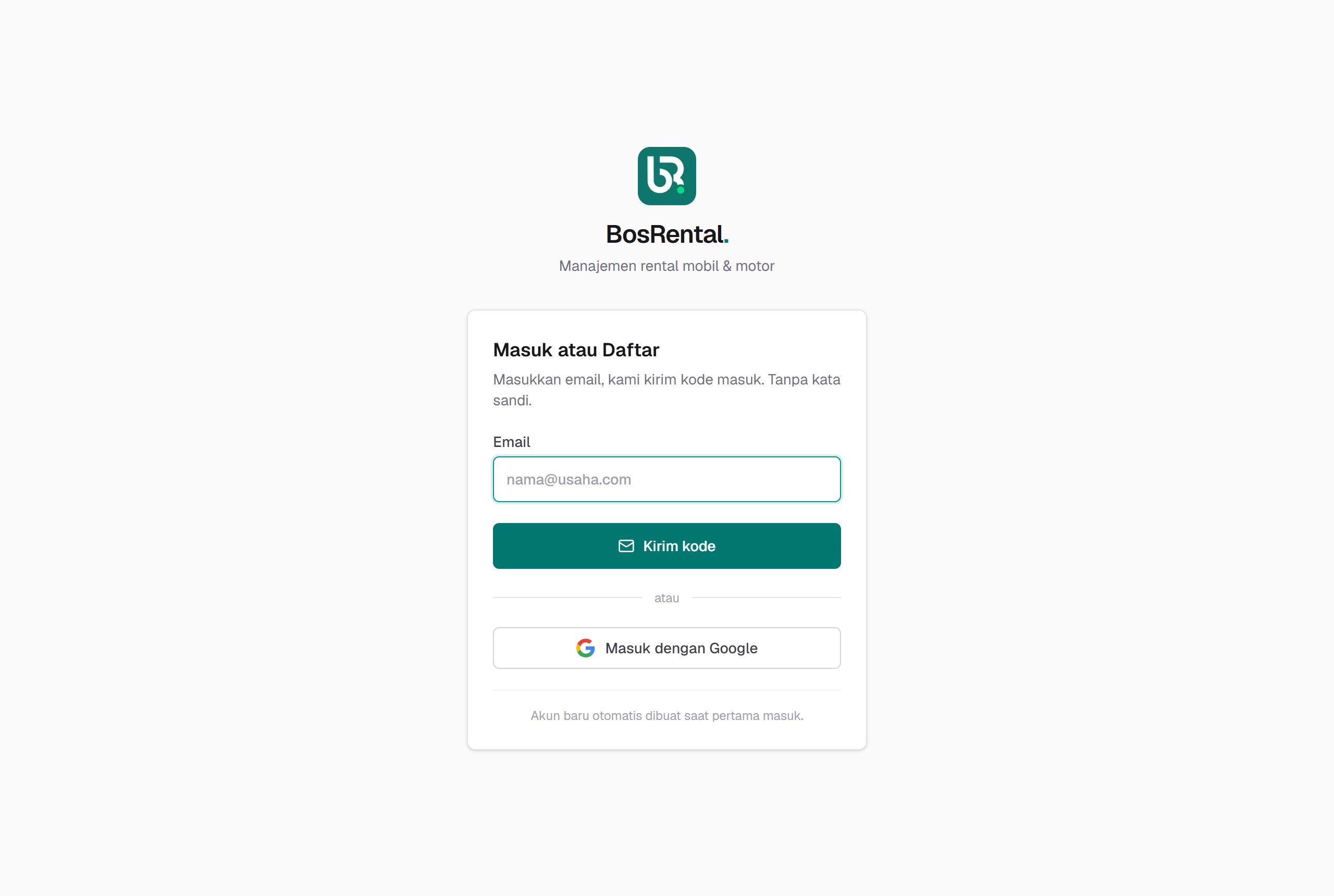 Halaman masuk — kolom email, tombol Kirim kode, tombol Masuk dengan Google