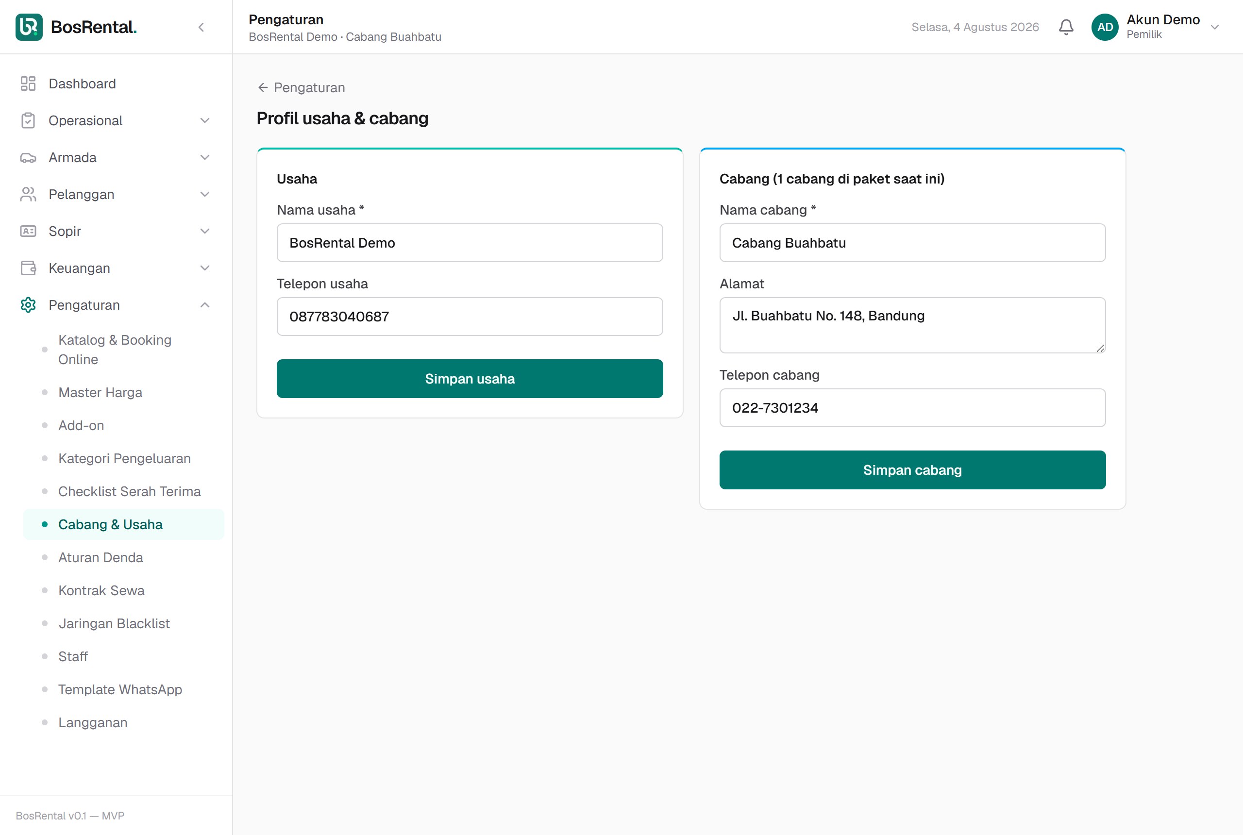 Form data usaha & cabang terisi