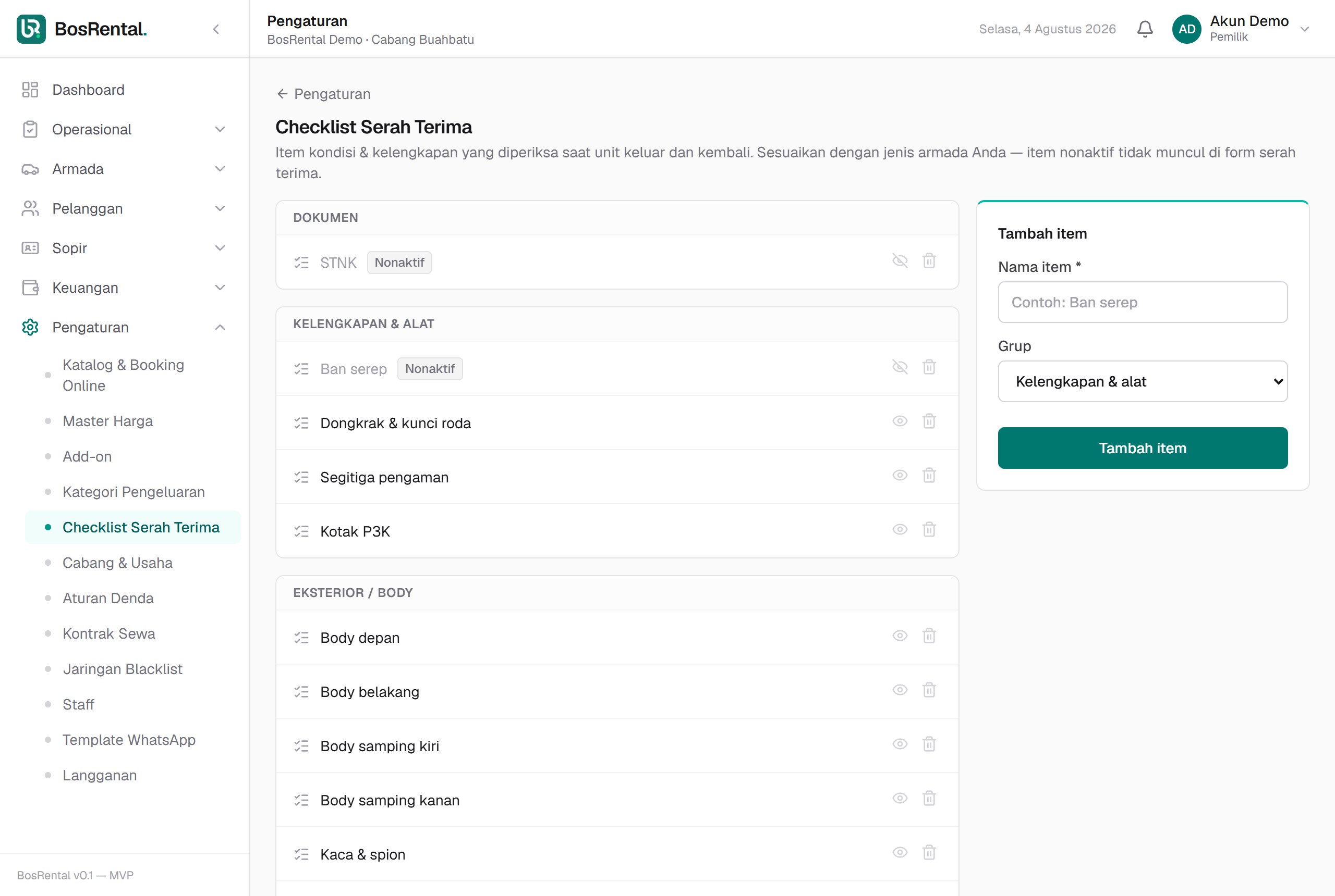 Master checklist dengan beberapa item terisi