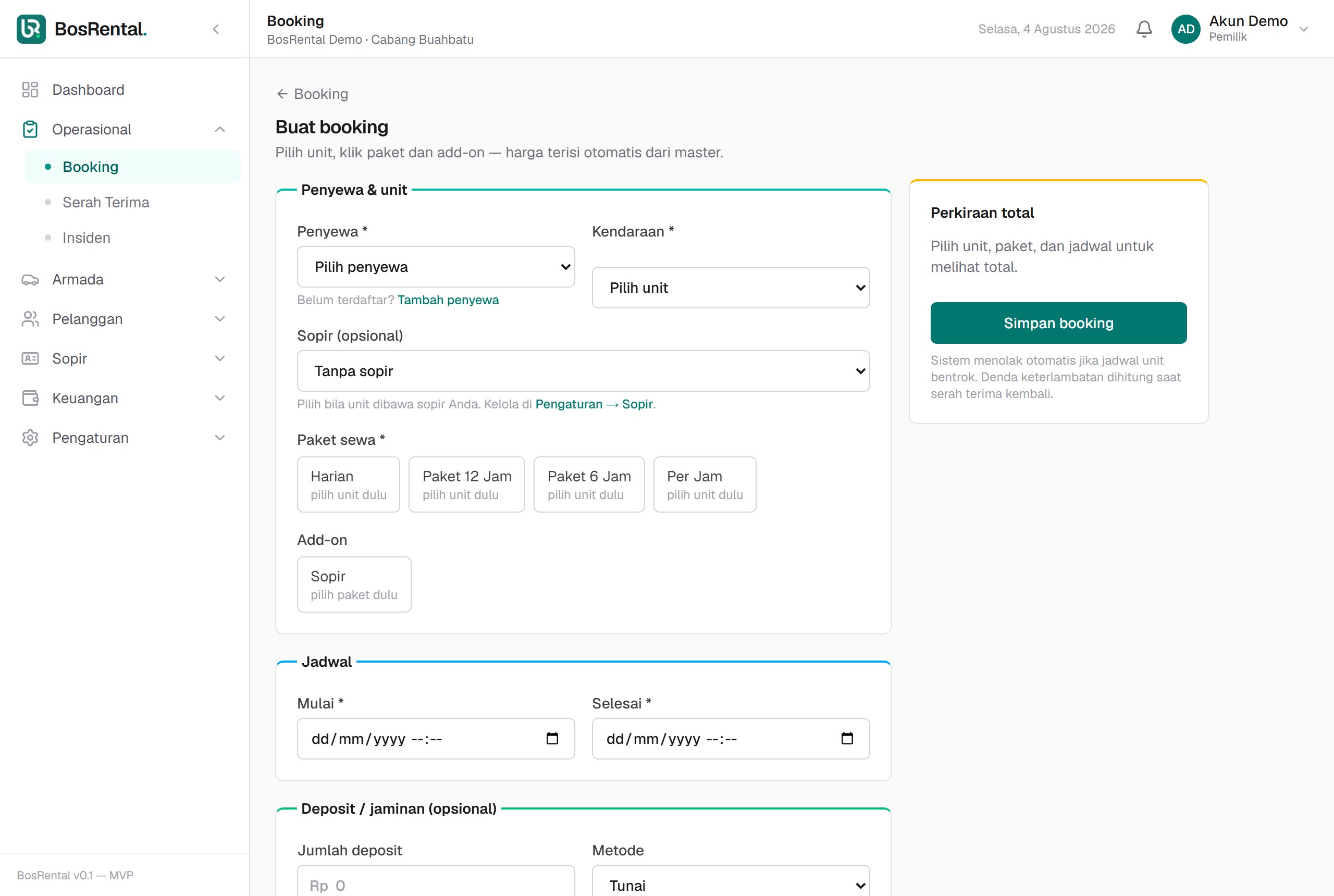 Form buat booking dengan rincian biaya di sisi kanan