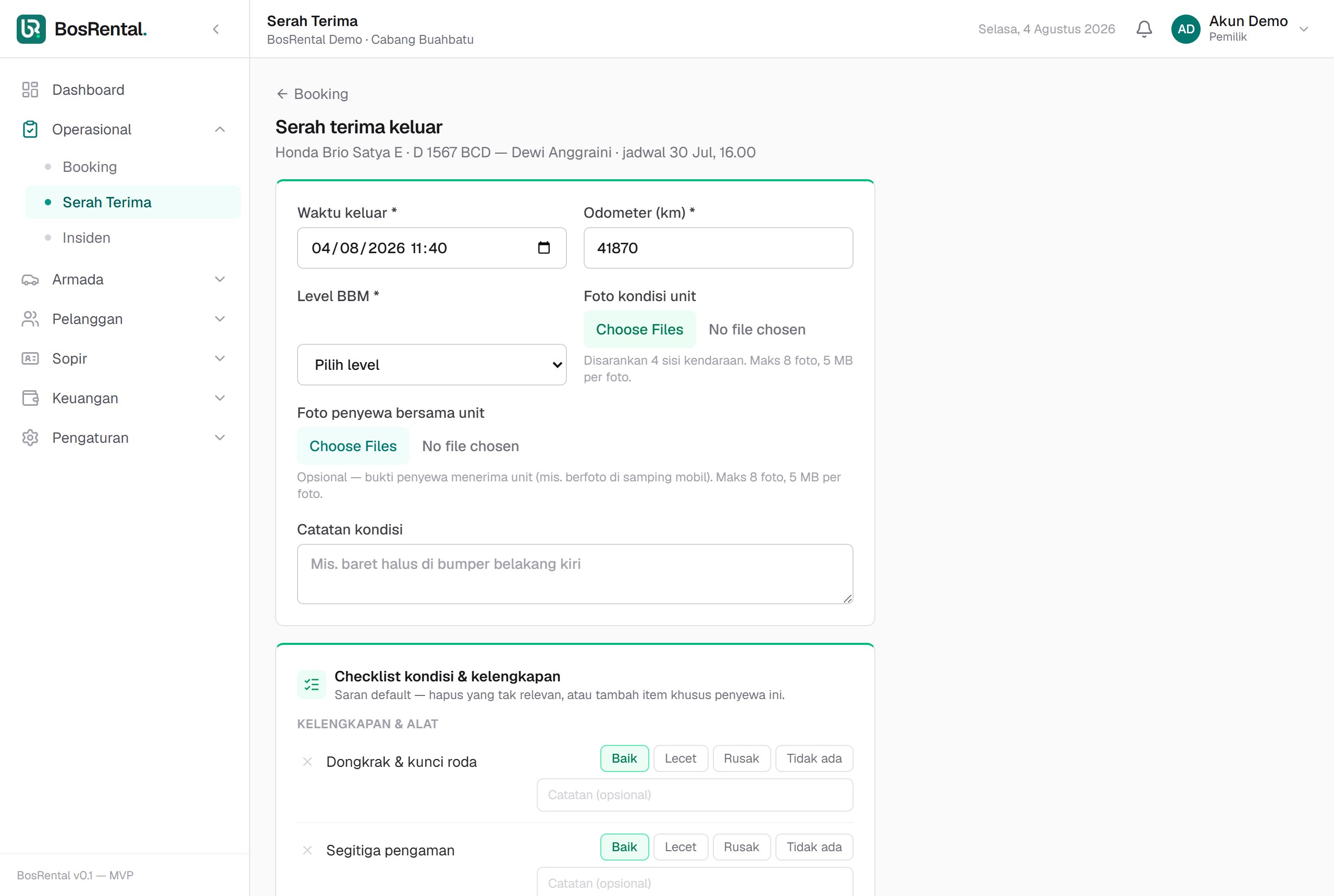 Form serah terima keluar — unggah foto, odometer, BBM, checklist