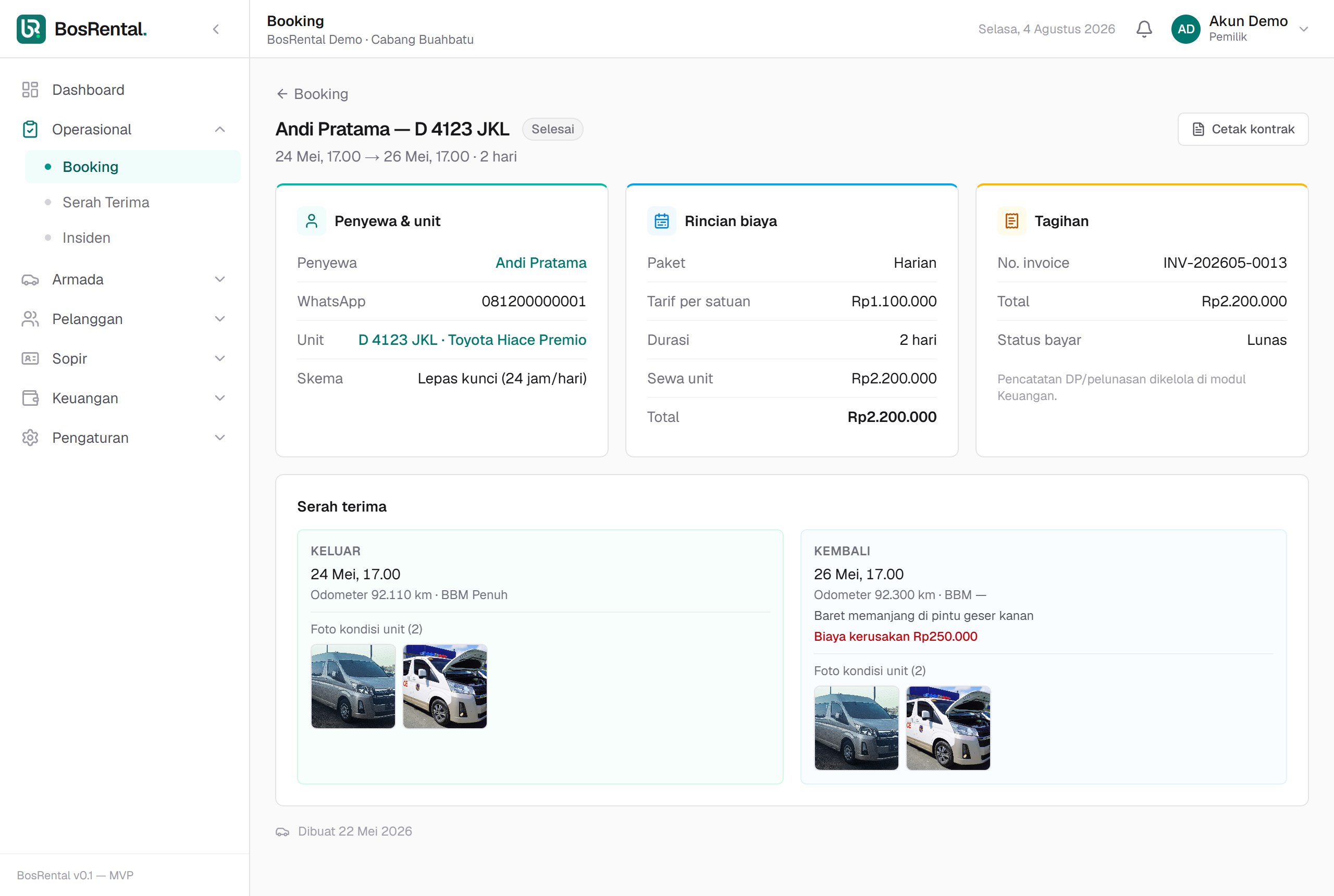 Detail booking — kartu Keluar dan Kembali bersebelahan, deretan foto kondisi, biaya kerusakan merah