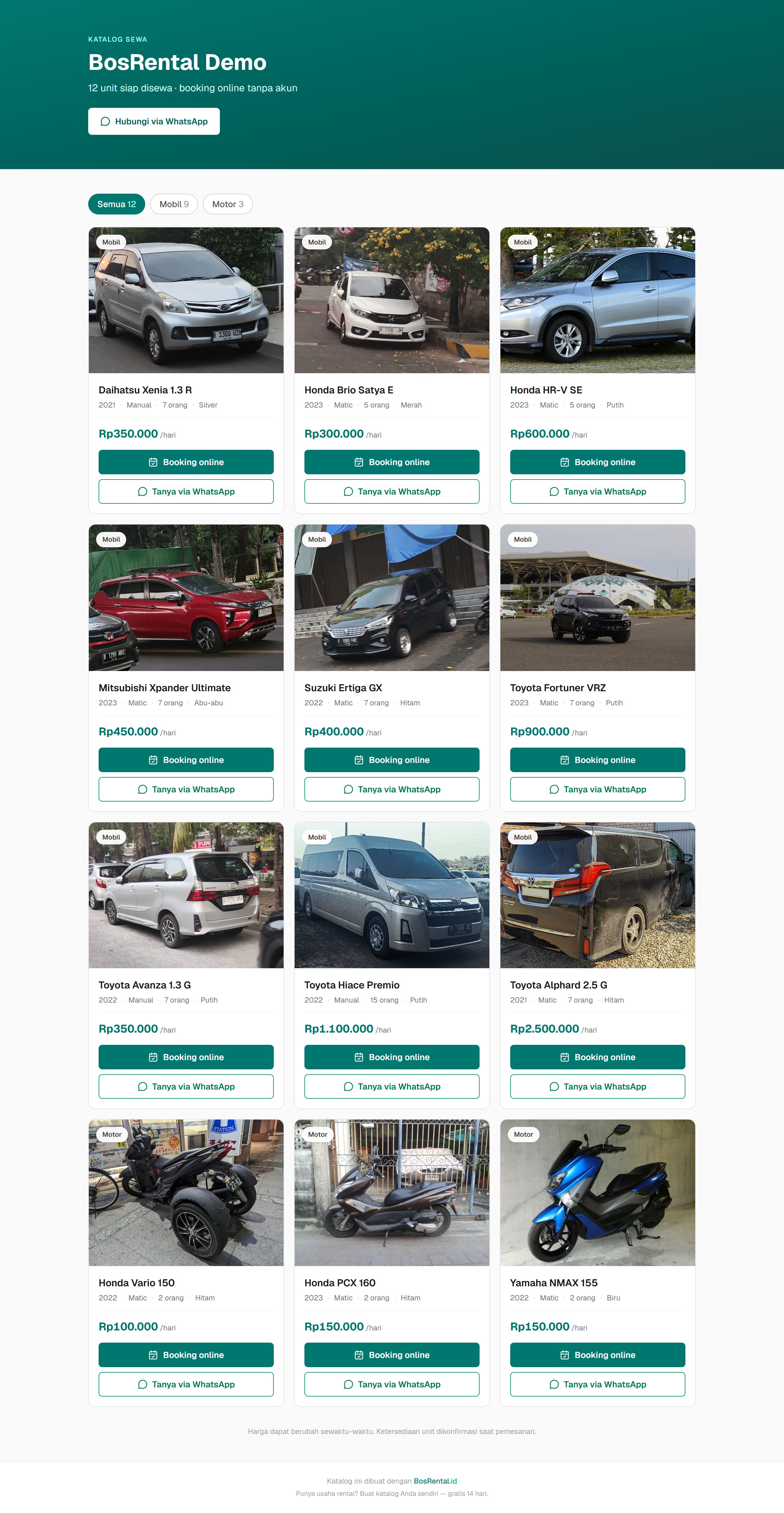 Katalog publik — grid unit dengan foto, harga, tombol Booking online